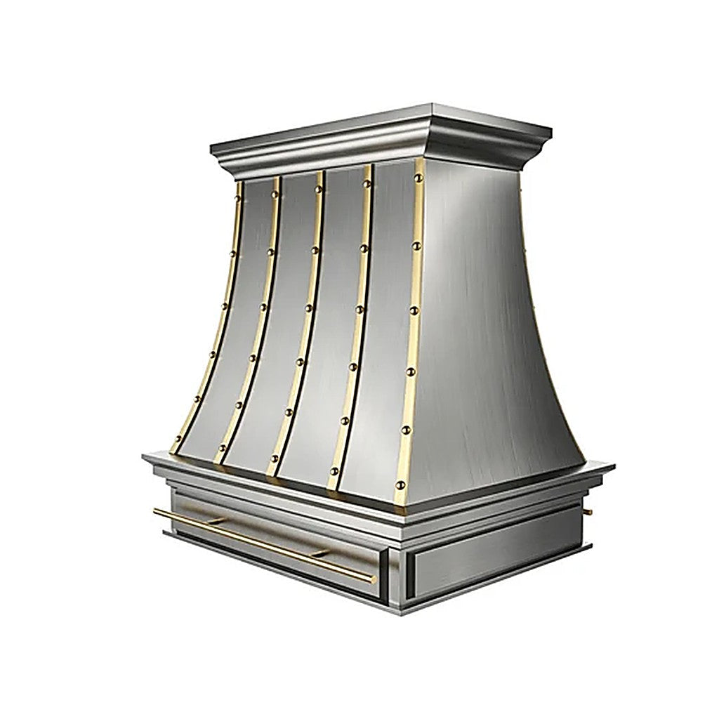 Curved Brass Trim Riveted Stainless Steel Custom Range Hood PS7-R06