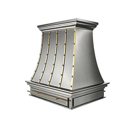 Curved Brass Trim Riveted Stainless Steel Custom Range Hood PS7-R06